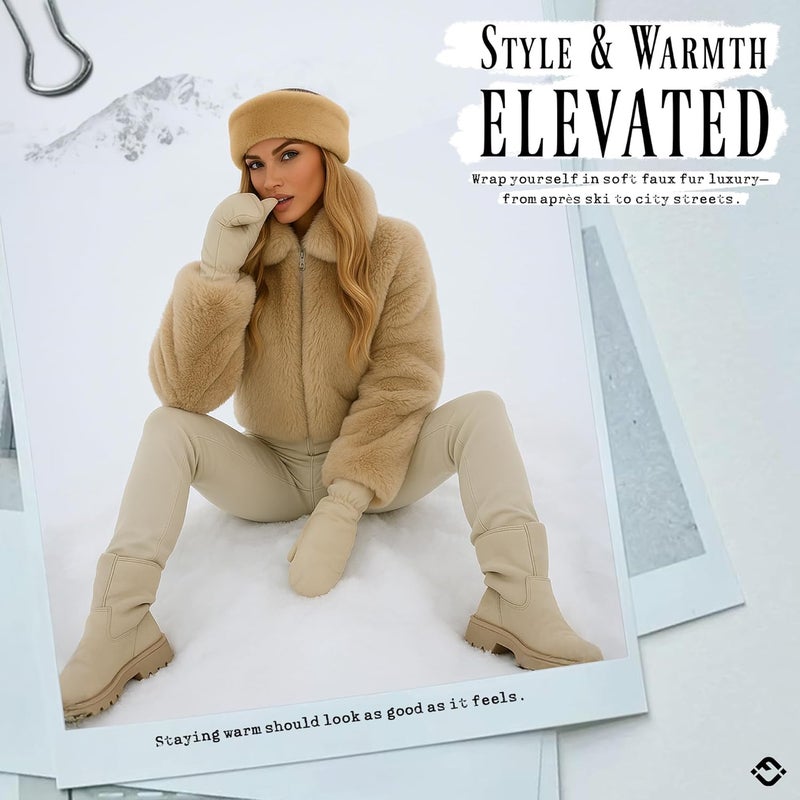 Funky Junque Fuzzy Headbands for Women – Fluffy Faux Fur Ear Warmer Head band, Warm Winter Furry Ear Muff Head Wrap Cozy Fit - Camel - Image 5